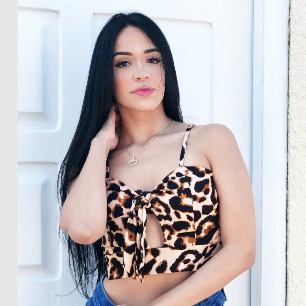 WOMENS SPAGHETTI STRAP FRONT-TIE LEOPARD PRINT TOP - Picture 1 of 4
